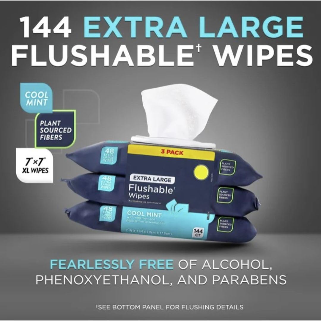 Flushable Wipes - 3 Pack, 144 Wipes - Cool Mint Extra-Large Adult Wet Wipes - Mentha Arvensis Leaf, Mentha Piperita, Oils - Septic and Sewer Safe
