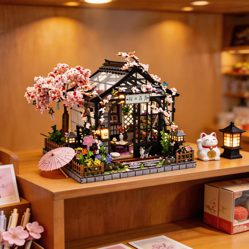 Casa delle bambole in miniatura in legno giapponese Sakura serra casa delle bambole fai da te kit costruzione villa modello 3D regali creativi per amici e genitori (con copertura