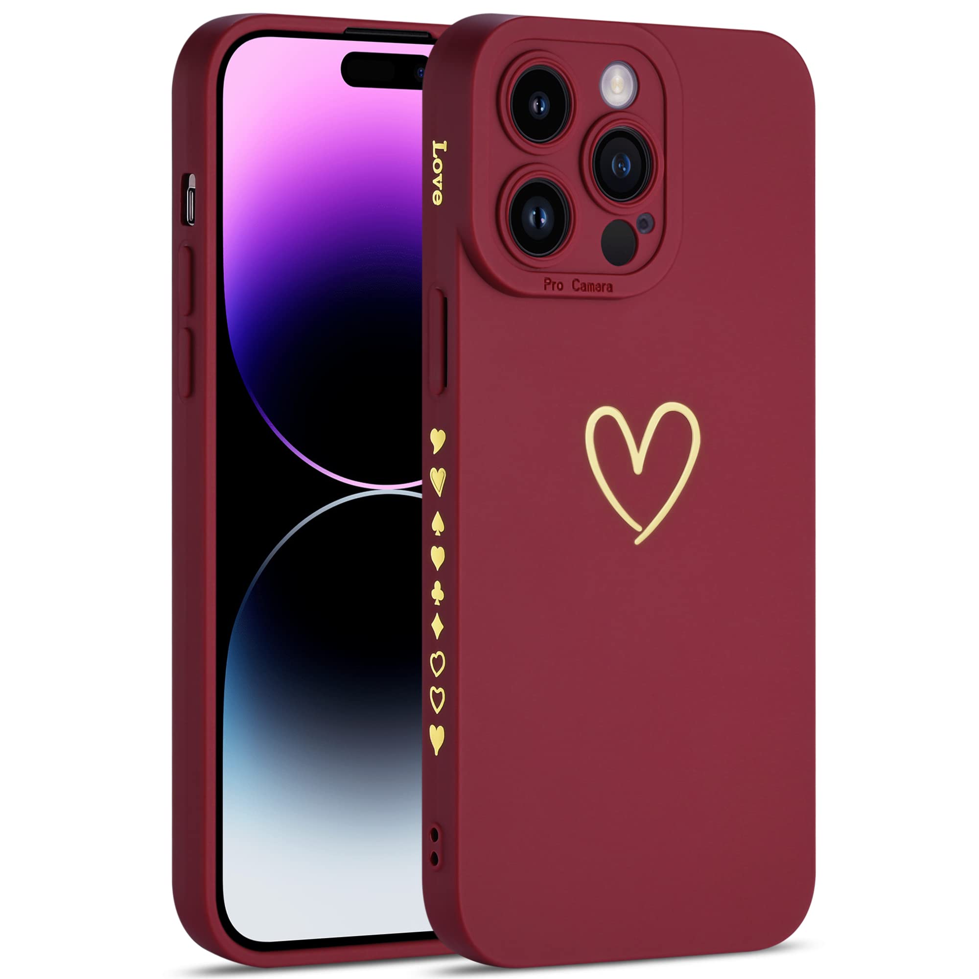 MANLENO Compatible with iPhone 14 Pro Max Case for Women with Camera Protection, Luxury Soft Silicone Heart Design Cute Phone Case Shockproof Protective Case for iPhone 14 Pro Max 6.7" (Burgundy)