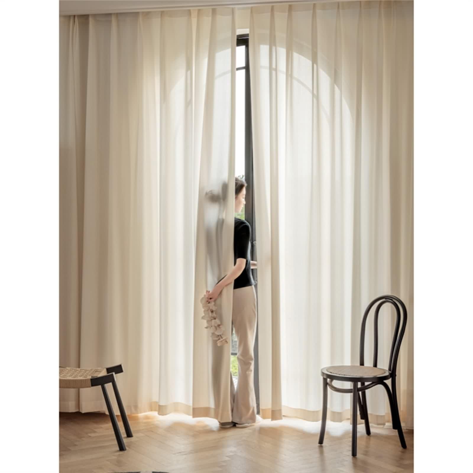 Rideaux Cuisine Beige, Rideau Fenetre Chambre Couleur Unie avec Une Texture Élégante Polyester Voilage 96L x 115H CM Lot de 2