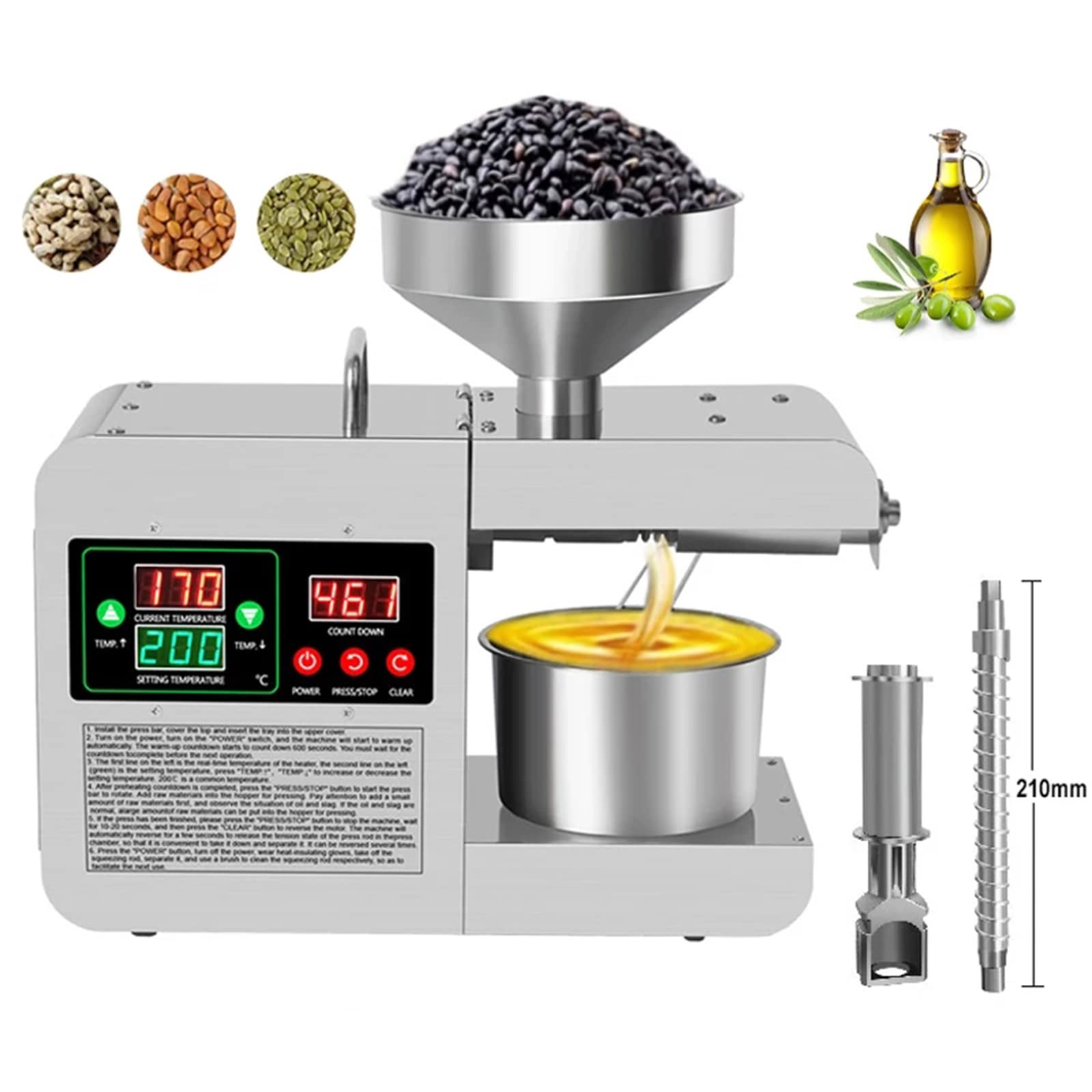AYCDL 820W Electric Oil Press Machine, Commercial Oil Extractor Hot Cold Pressed Oil, with Digital Temp Control, for Flax Peanut Sesame Canola Sunflower Seeds