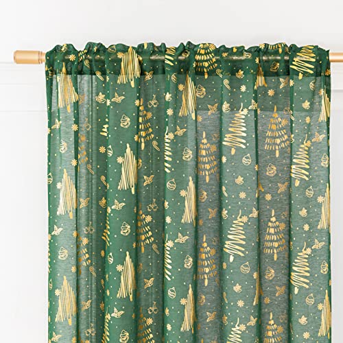 Topfinel Christmas Curtains For Living Room 63 Inch Length 2 Panels, Beautiful Santa Claus And Luxury Gold And Green Sheer Window Curtains For Sliding Glass Door Bedroom #TOP2
