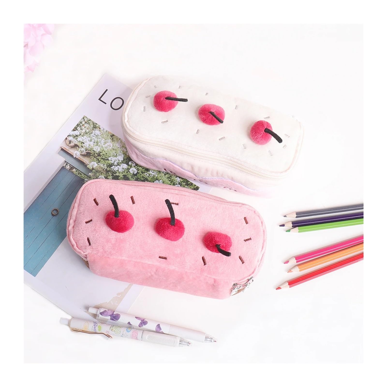 Borsa portapenne in peluche con ciliegia for l'ufficio scolastico | Grande capacità, design for torte, decorazione multifunzionale e carina(Black)