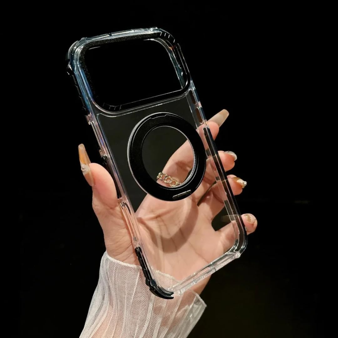 Coque magnétique Transparente pour iPhone 15 Pro avec Support Rotatif à 360° et béquille intégrée (pour iPhone 15 Pro/Noir)