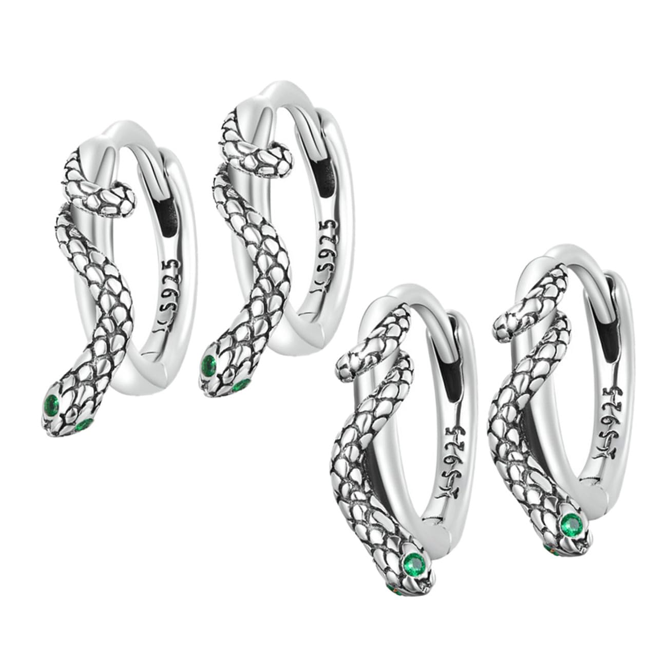 Hohopeti 2 Paare Sterling Silber Schlangen Ohrringe Damen Ohrstecker mit Grünem Zirkonia Hypoallergen Minimalistisches Design Sicherer Verschluss Modische Schmuckstücke für Alltag und