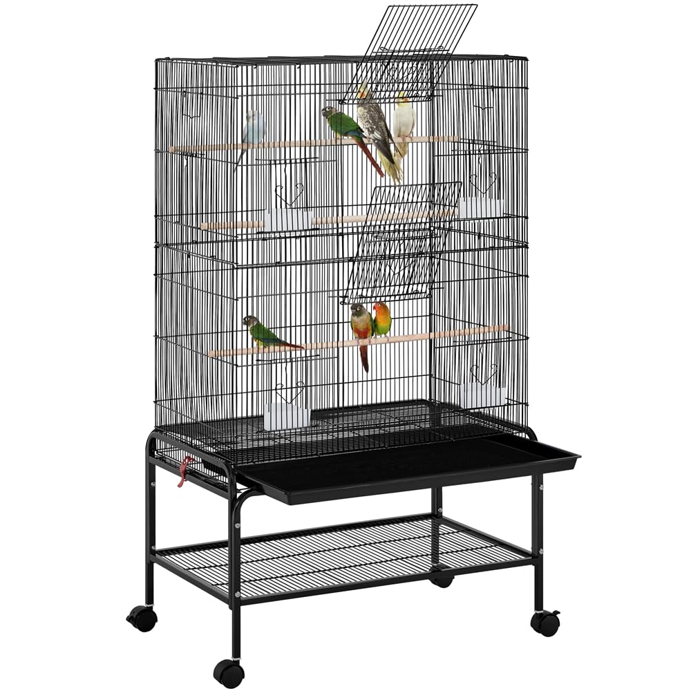 Yaheetech Jaula grande para pájaros, 79 × 49 × 134,5 cm, con 3 perchas, jaula para loros con 6 puertas, jaula para periquitos, 4 comederos, bandeja para suciedad, color negro