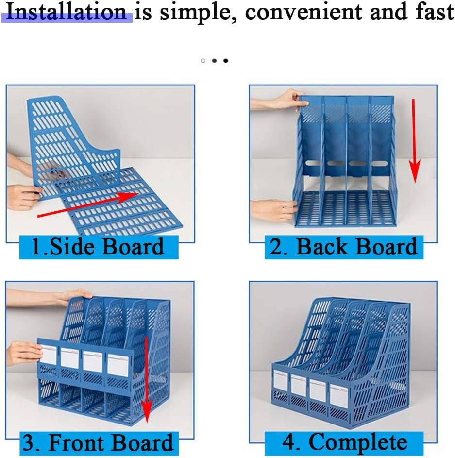 AB SALES Desk Magazine Holder File Organizer, 4-Compartment Plastic File Holder with Labels, Sturdy Document Storage Organizer for Home, Office, or School (Blue) 4