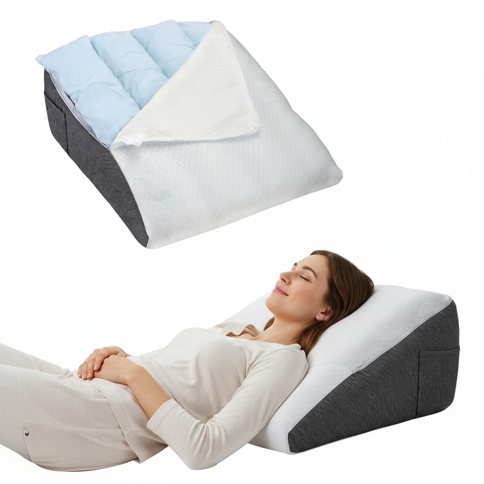 Juego de 3 almohadas de cuña con espuma viscoelástica suave, cojín de apoyo ajustable para un sueño reparador, almohada de inclinación para reflujo, ronquidos y dolor de espalda y piernas