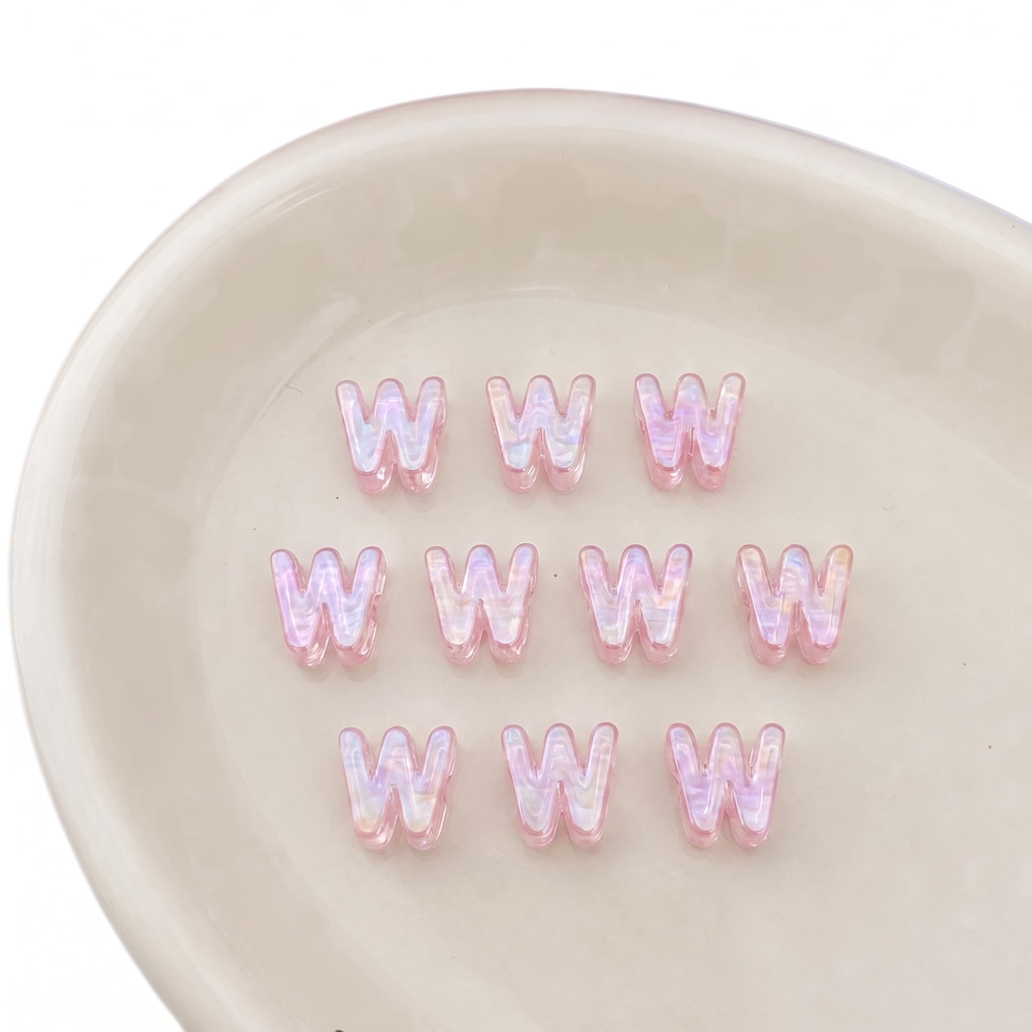Letter Beads 10pcs, Large Acrylic Alphabet Beads with 6mm Hole, Iridescent Holographic UV Plated for Bracelet Making, Jewellery, Keyrings & Craft (Iridescent Light Pink, Letter W)
