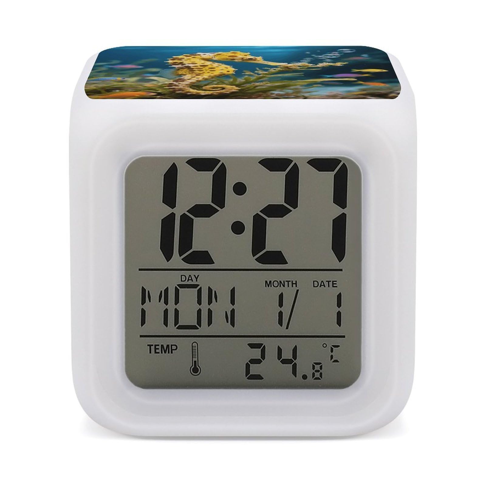 7 Color Ambient Night Light Cube Battery Operated Seahorse Feeding Digital Clock with Snooze Temperature LED Digital Alarm Clocks Dimmable Wake Up Light Portable Mood Lamp for Bedroom Desk Gift