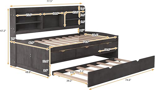 Miniatura 10 de Cama de capitán de madera con estanterías marco de cama de plataforma de tamaño individual con 3 cajones de almacenamiento y nido para dormitorio no
