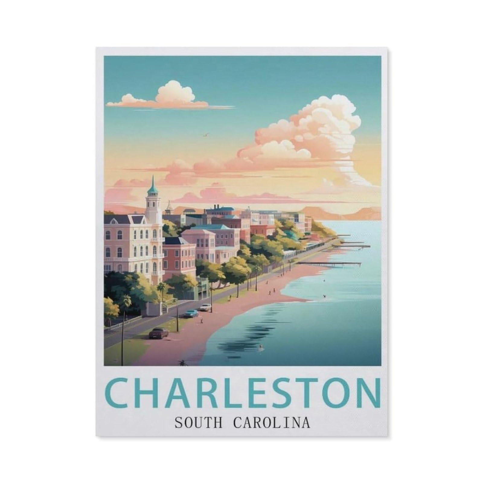 Jigsaw Puzzle 1000 Pieces，Charleston South Carolina Vintage Travel Poster，paper Children Toys Decompression Game（50x70cm）-BA76