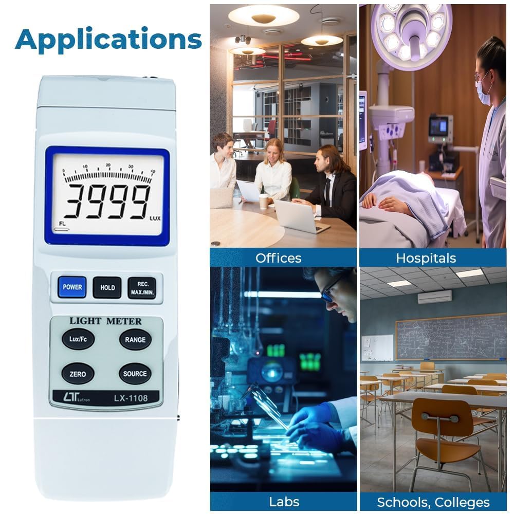Medidor de exposición | Medidor de luz | Medidor de lux digital (0 a 400.000 lux) para auditorios, teatros, estadios, escuelas, laboratorios junto con certificado de calibración de fábrica | LX-1108