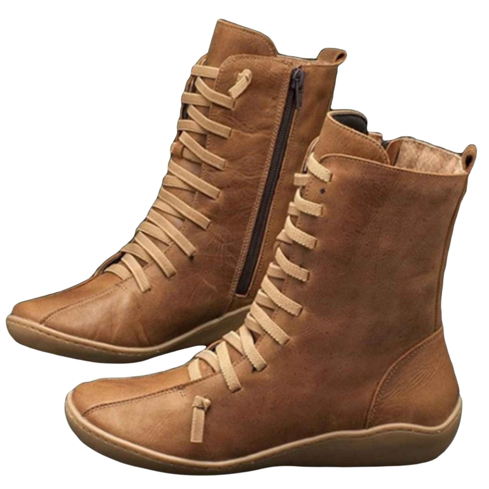 Womens Ankle Boots Leather Lace Up Side Zipper Flat Boot Western Cowboy Cowgirl Round Toe Boot Vintage Casual