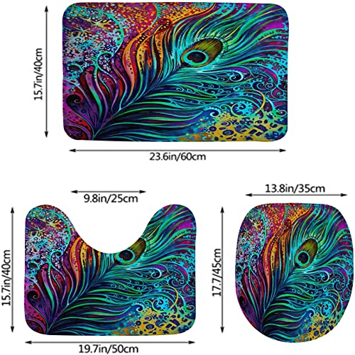 Badezimmerteppich-Set, 3-teilig, bunter Pfauenfeder-Abstrakt, waschbarer Badeteppich, rutschfest, mit Rückenpolster, Konturteppich und Toilettendeckelbezug – Bild 4