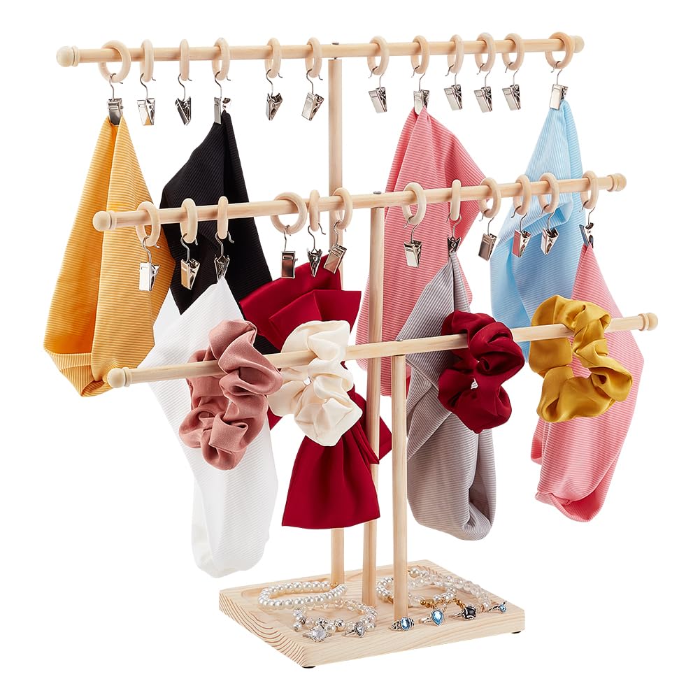 PH PandaHall 3 Tier Wooden Headband Organizer Headband Holder Bow Organizer Hair Hoop Display Stand Hair Accessories Organizer Storage Rack for Claw Clip and Bracelets Dorm Bedroom Decor