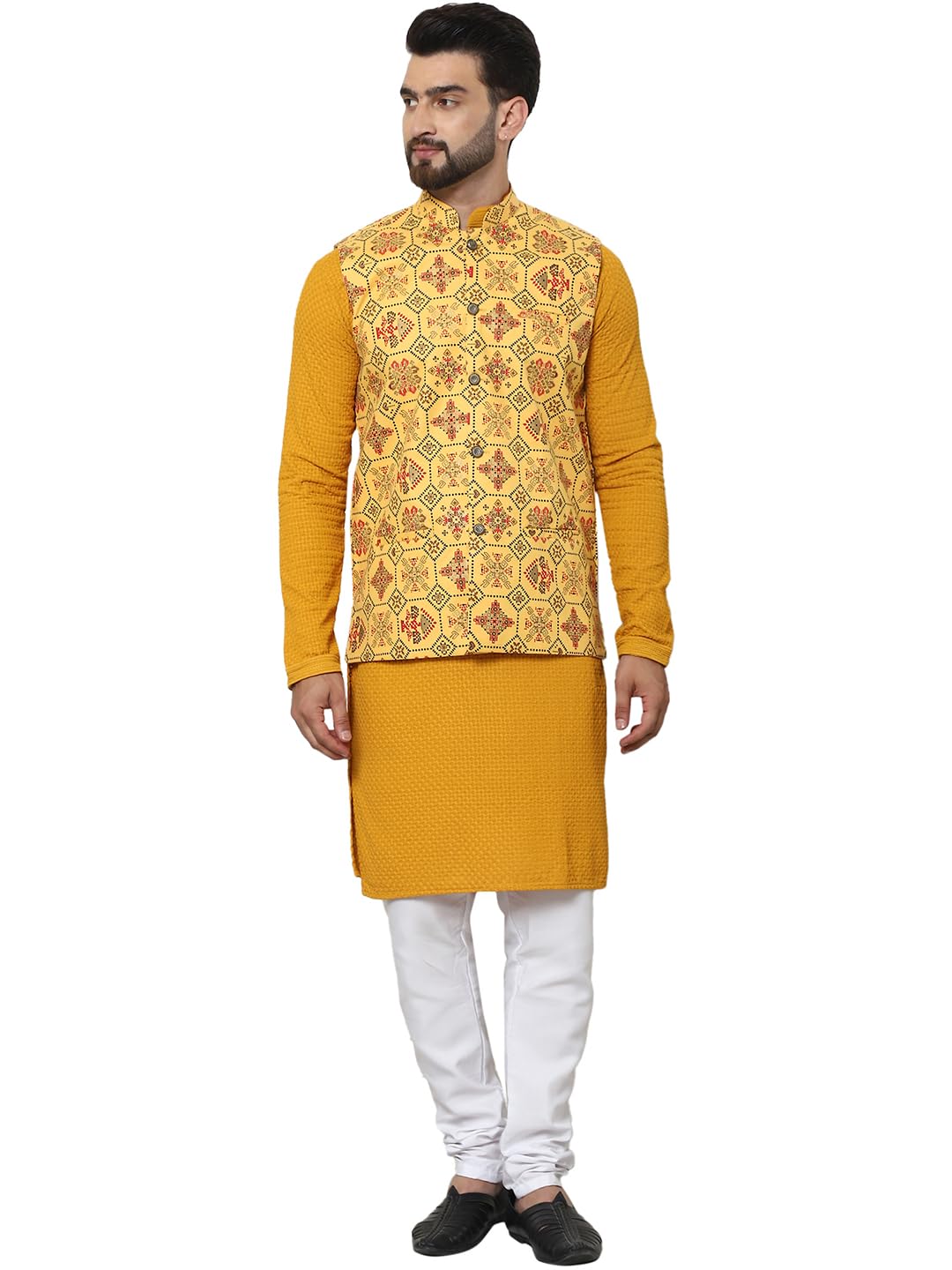 Sojanya (Since 1958 Men's Pure Cotton Mustard Kurta And White Pyjama With Printed Mustard Nehru Jacket