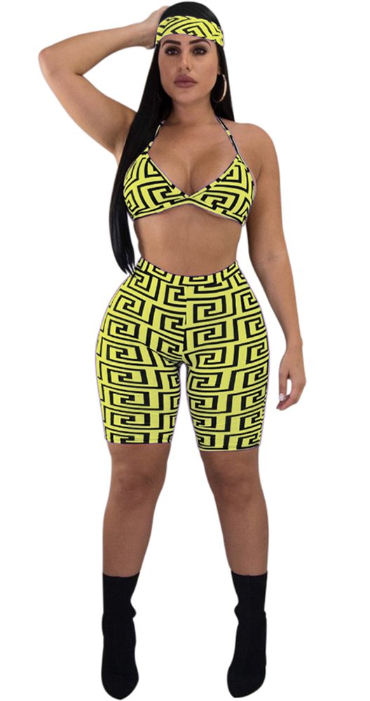 Women Two Piece Outfit Halter Print Sport Bra Crop Top Legging Short Pant Set with Headband Yellow L