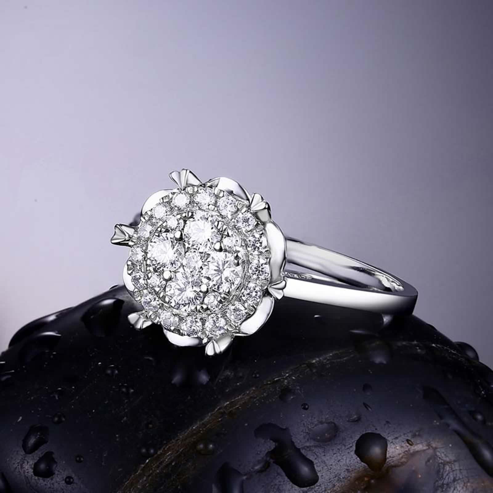 Anello Oro 18Kt Donna, Fedi Nuziali Moderne Bianco Diamante Creato In Laboratorio Fiore Argento Regalo Di Compleanno