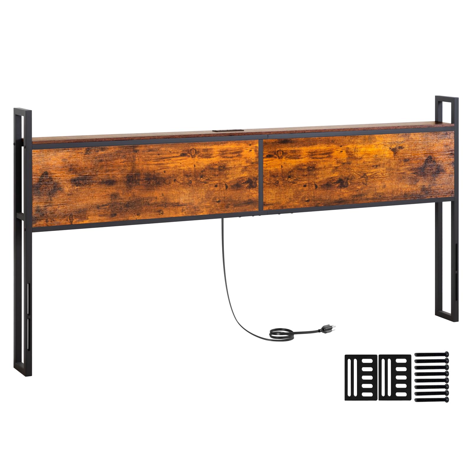 LOAKEKEL King Size Headboard, Metal and Wood Headboard with Charging Station, Head Boards with Storage Rack for Bedroom, Adjustable Height, Sturdy and Stable, Easy Assembly, Rustic Brown, HB091BR