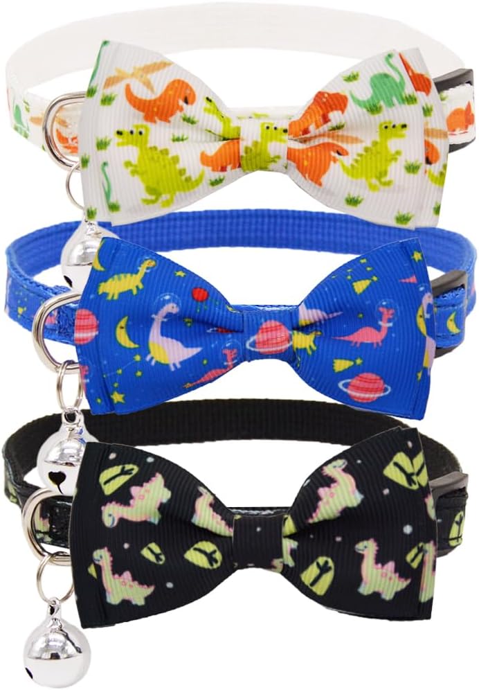 3 Pack Dinosaur Cat Collars with Bell Breakaway Safety Collar for Indoor Outdoor Cats – Soft Adjustable Cotton Kitten Collars with Cute Dino Design in Black, Navy, White