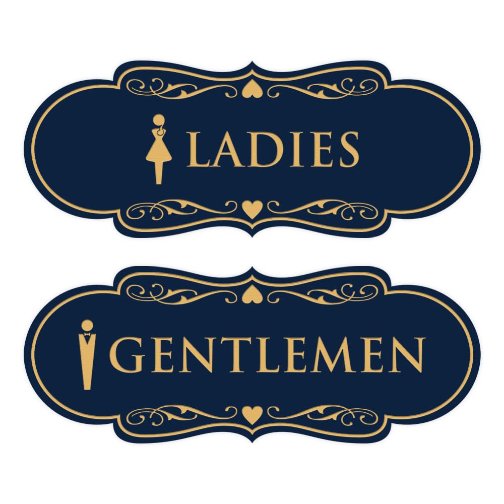 Designer Ladies and Gentlemen Figurines Restroom Signs, Set of 2 (Navy Blue/Gold) - Medium 1 Pack