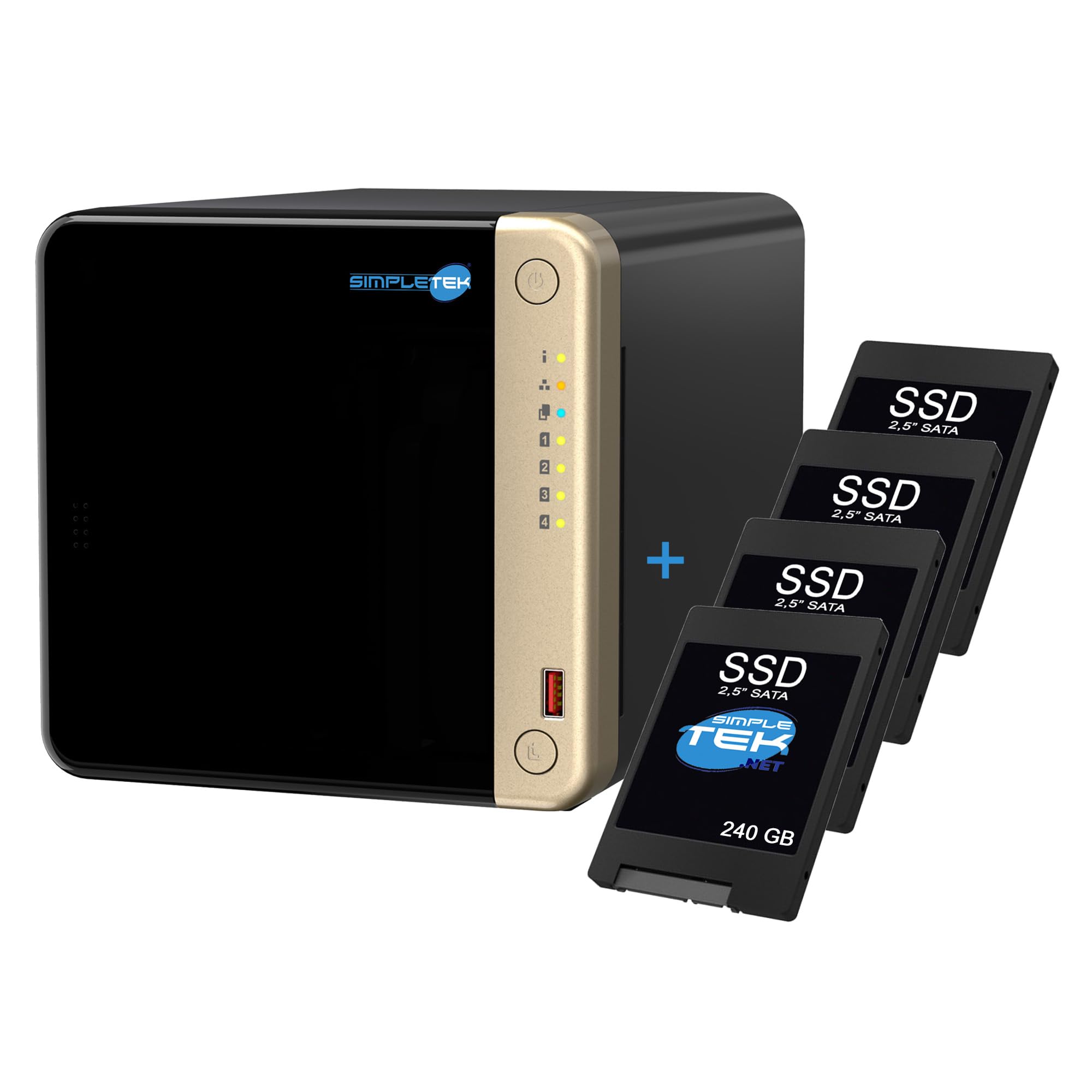 SIMPLETEK - NAS Professionale a 4 Vani - 4x SSD 240GB - Quad-Core 2.0GHz - 8GB RAM (Max 16GB) - 2 Slot M.2 NVMe - Slot PCIe - 2.5GbE - HDMI