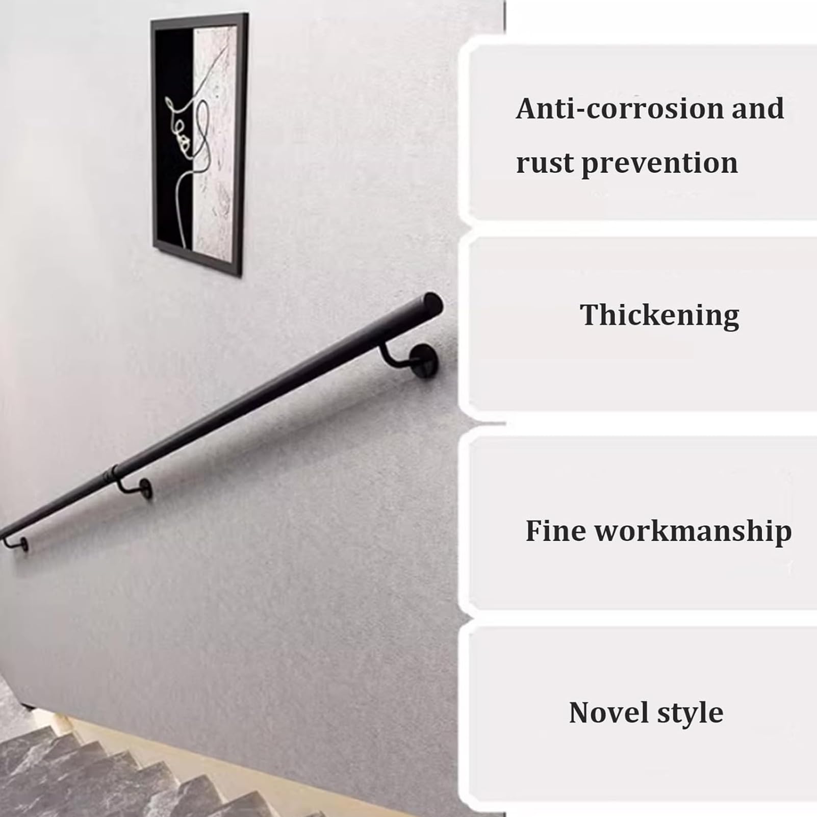 Handlauf für Treppen Schwarz Treppengeländer Innen Außen Industrielle Metall Treppenhandlauf Geländer Handläufe Rutschfester Handlauf mit Rutschfestem Wandhandlauf für Garten (110CM)