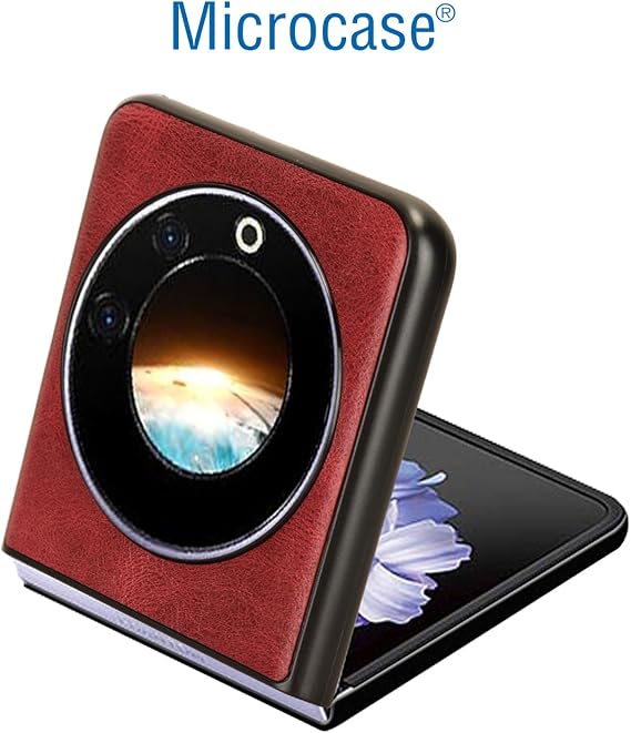 Microcase Tecno Phantom V Flip için Deri Desenli Plastik Koruma Kılıf - AL3156 (Taba)