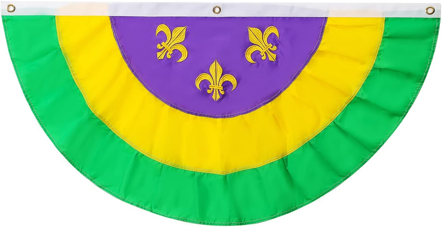 (2 Pack) Mardi Gras Table Bunting Flag w/Embroidered Fleur de Lis (2’ x 4’) Indoor Outdoor Fat Tuesday Party, Celebration, or Carnival Decoration | Classic, Vibrant New Orleans Colors