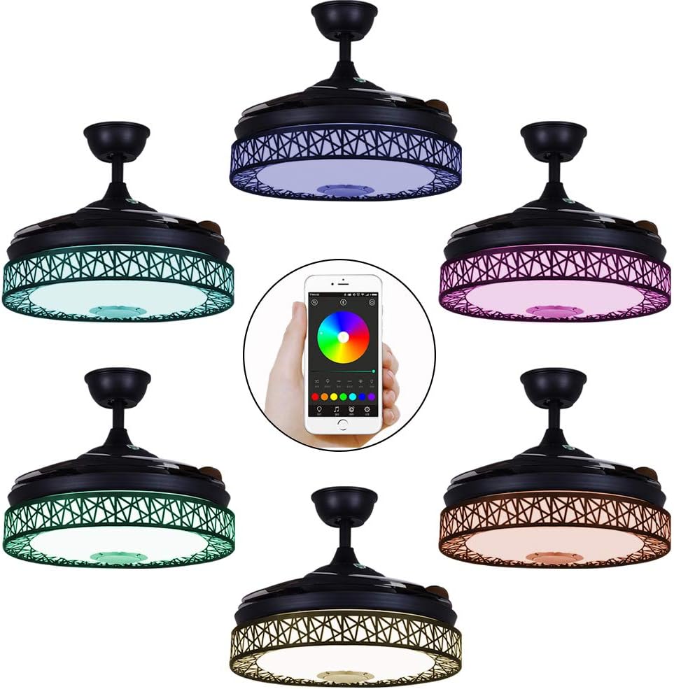 Retractable Ceiling Fan with Lights and 7 Colorful Dimmable, 42 Inch Modern Bluetooth Black Chandelier with Ceiling Fans and Remote Control 3 Speeds and 3 Color Level for Dining/Living Room