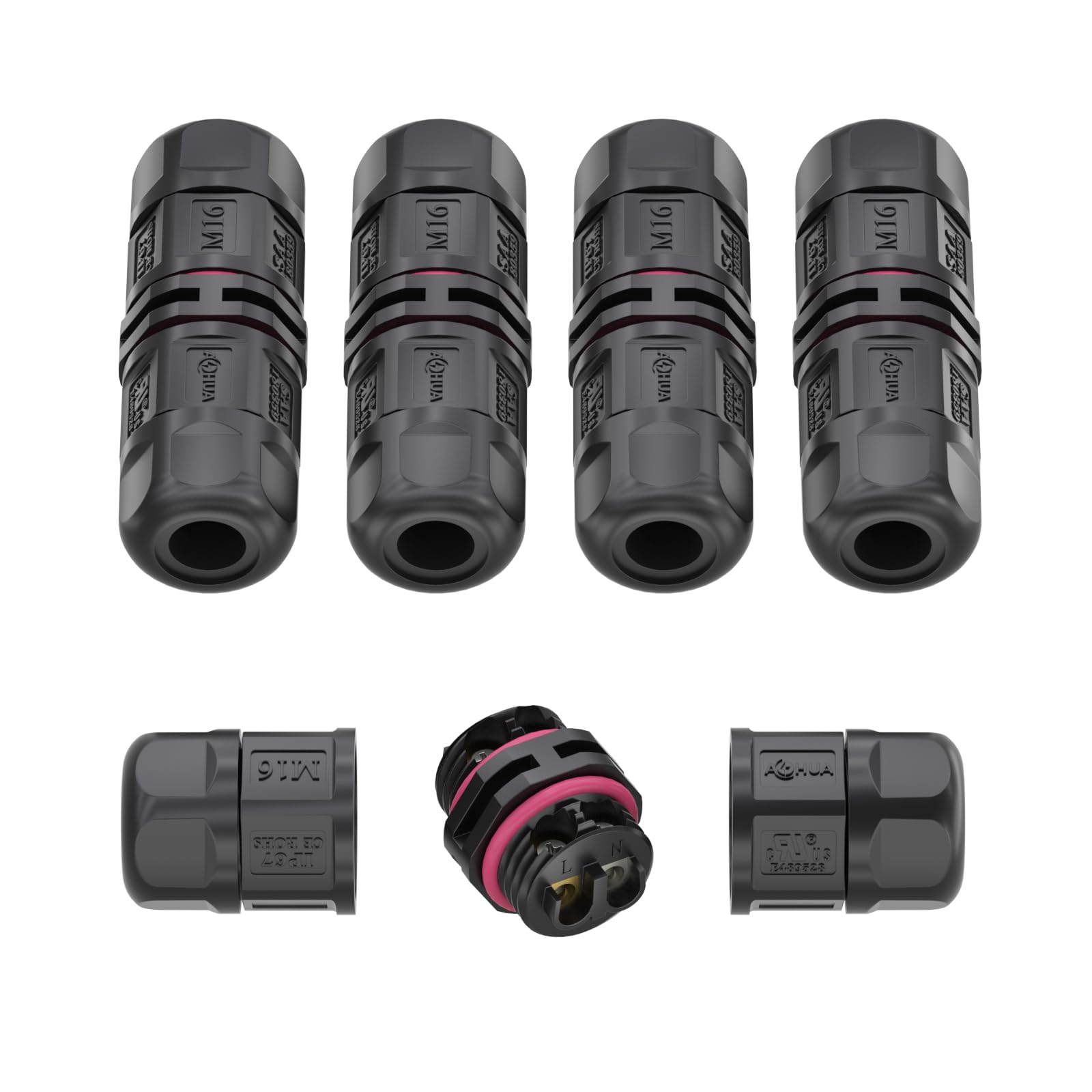 AOHUA 5-Pack Waterproof Junction Box, M16 2-Pin IP68 Outdoor Electrical Wire Connector for Ø5.5-9.5mm Cables (500V/20A), for Underground, Garden Lighting & Landscape Wiring, UL/CE/SAA/RoHs Certified