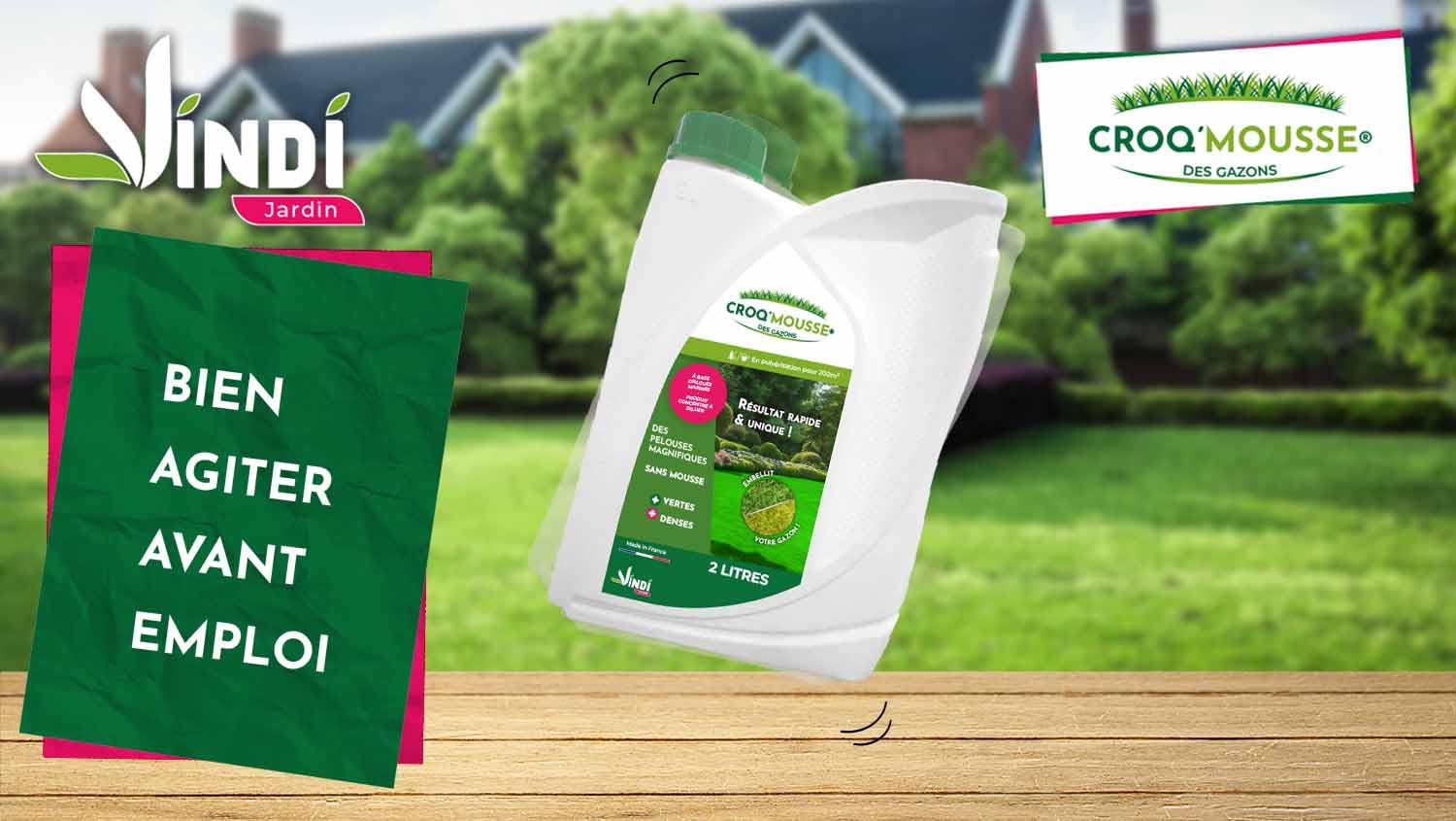VINDI JARDIN - CROQ'MOUSSE des gazons – Engrais liquide organo-minéral 3 en 1 – Pelouse « sans mousse/+verte/+dense » - bidon 2L – Traitement pour 200m2 – Fabrication Française.