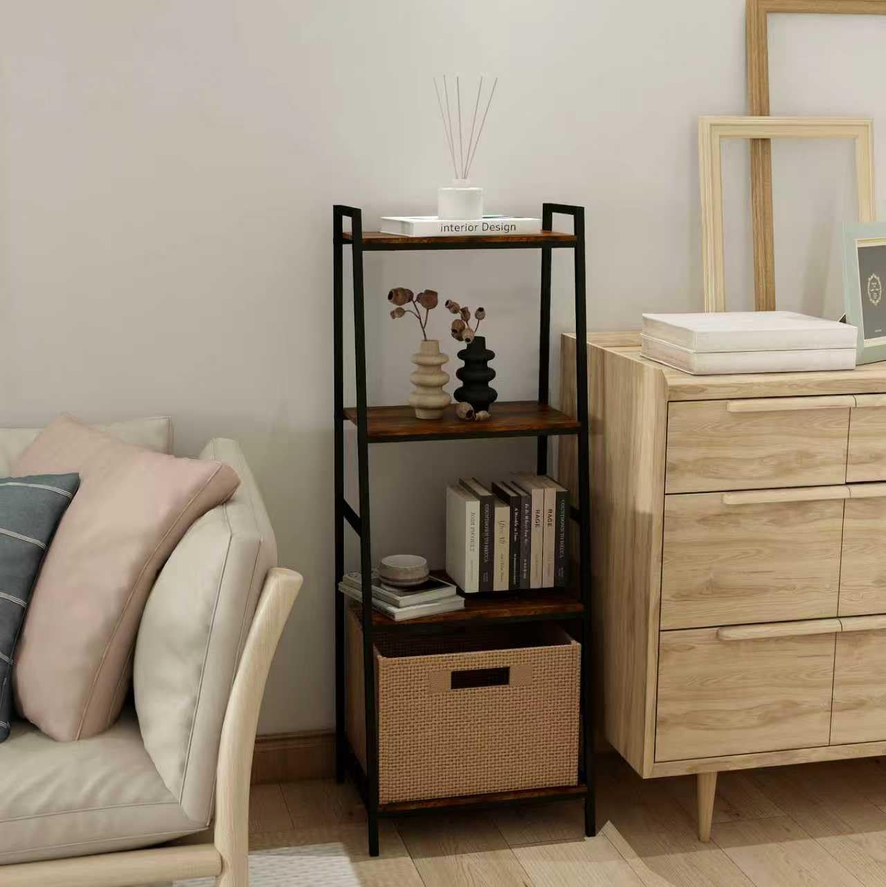 4-Tier Ladder Shelf, 17" W Industrial Bookcase & Bookshelf - Freestanding Plant Stand, Display Rack for Living Room, Kitchen, Home Office, Bedroom