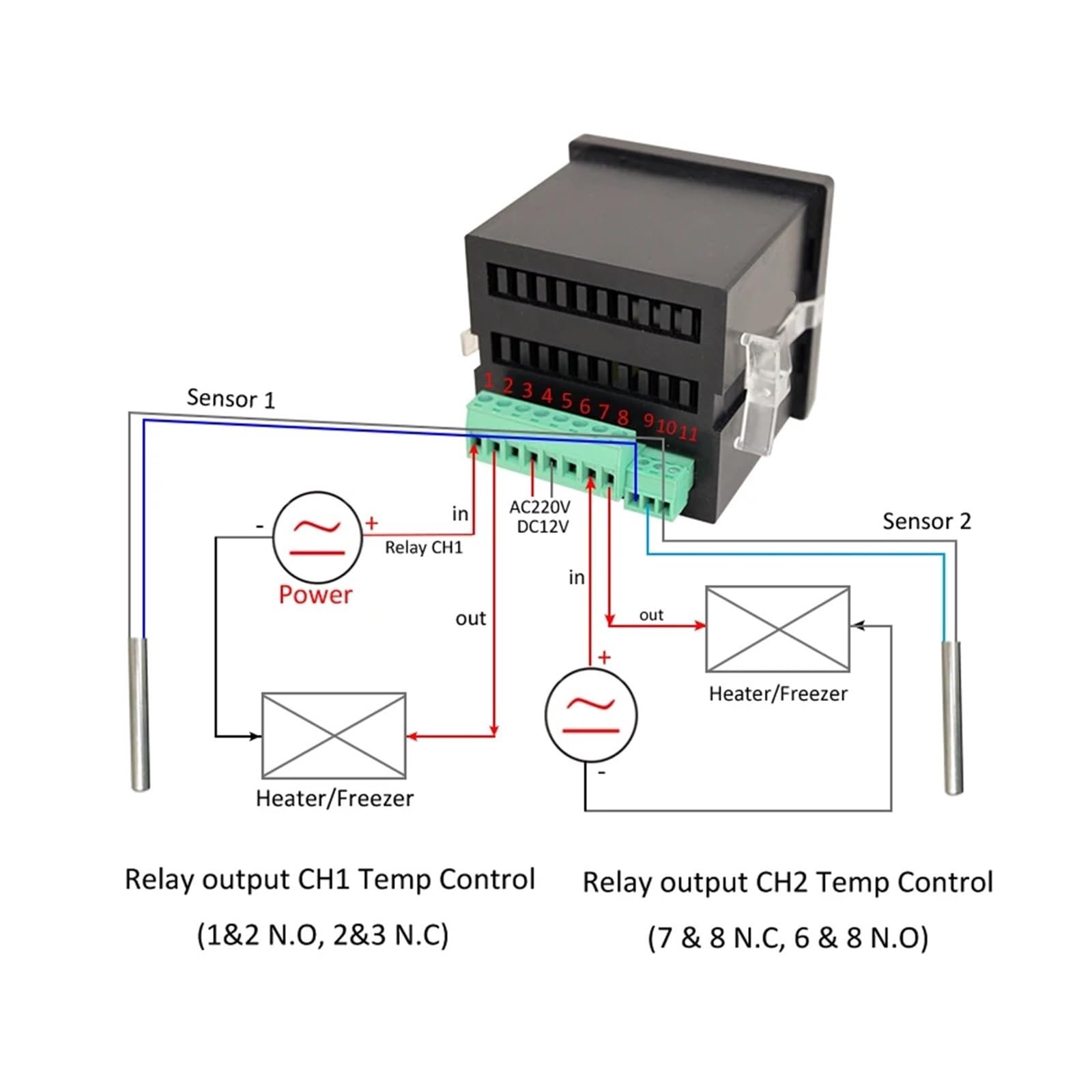 Termostato del termómetro del controlador del sensor de temperatura dual con 2 sondas externas calentador de agua de la caldera congelador(Powered by DC12V)
