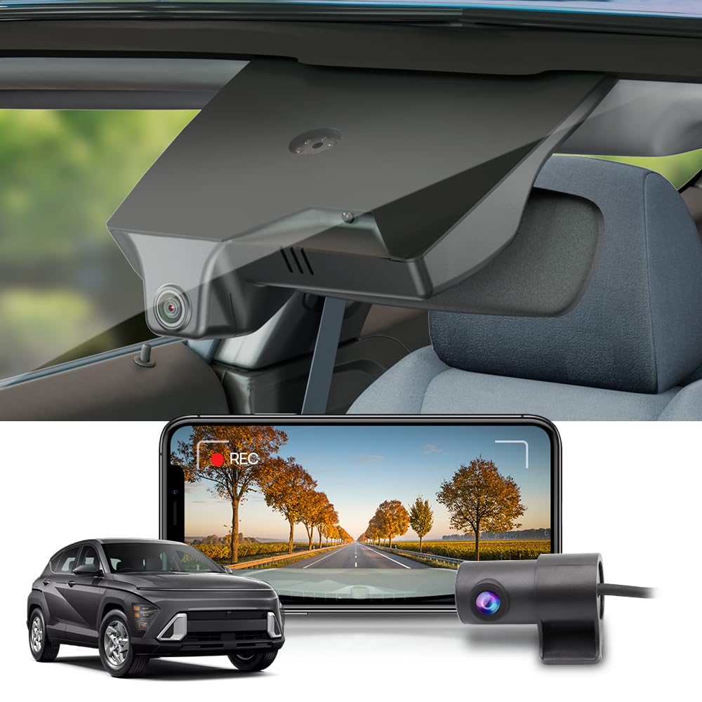Fitcamx Front 2K+Rear 1080P Dash Cam Adapts for Hyundai Kona 2023-2025 & Kona Electric (Part No#BE010), OEM Style, Dual HD Video, WiFi Connect & APP, Loop Recording, G-Sensor, Easy to Set, 64GB Card