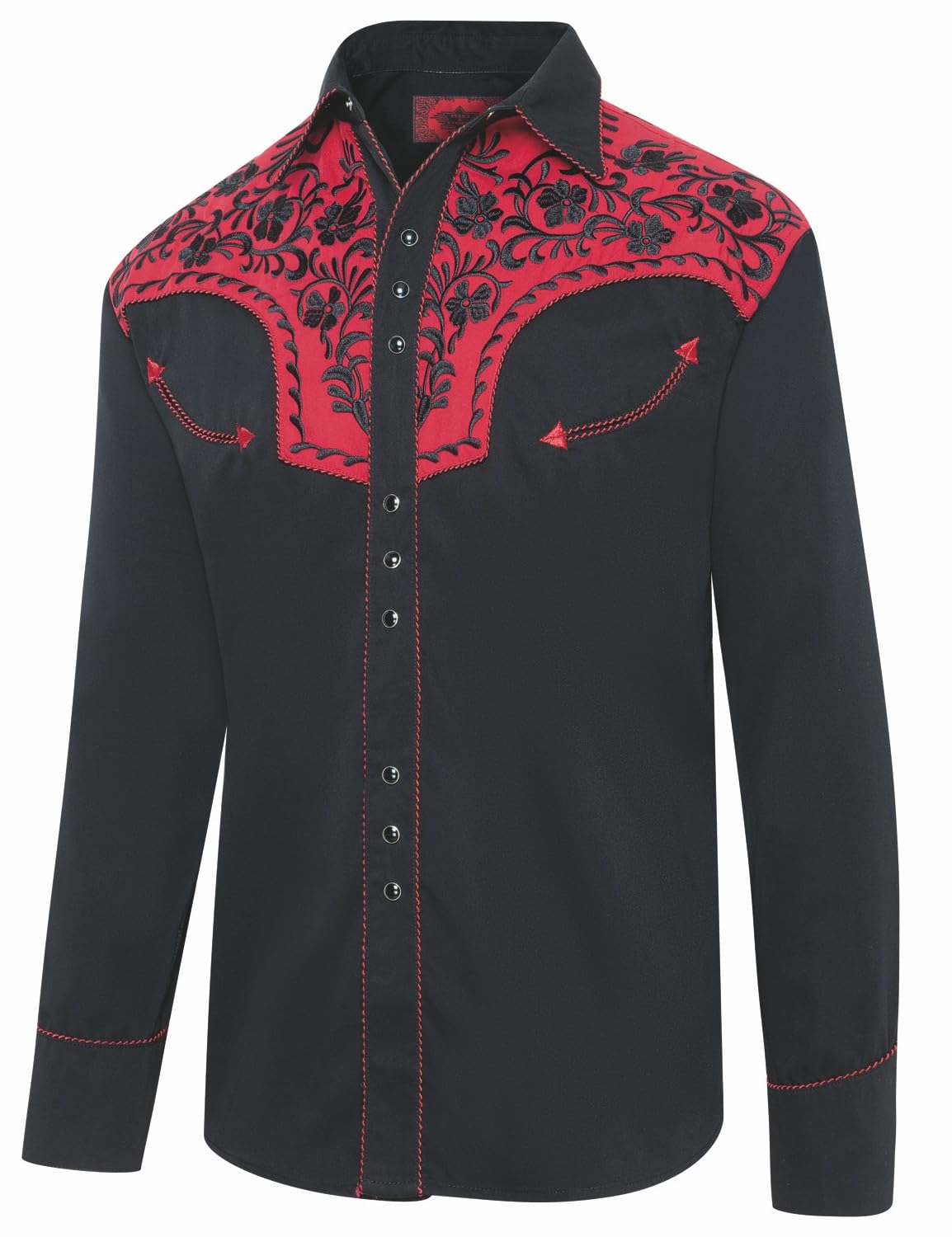 STARS & STRIPES Westernhemd Brooks – Schwarz mit roter Westernpasse & Stickerei