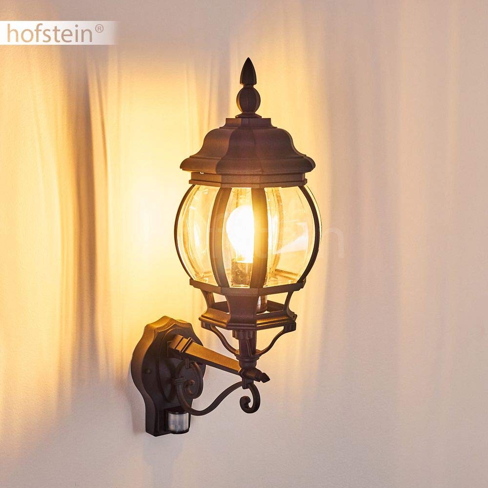 HOFSTEIN Außenwandleuchte Lentua, Außenwandlampe mit Bewegungsmelder aus Metall/Kunststoff in Schwarz/Klar, Wandleuchte Up im Retro/Vintage-Design, E27, IP44, Eingangsbereich, Terrasse, Haustür, Hof