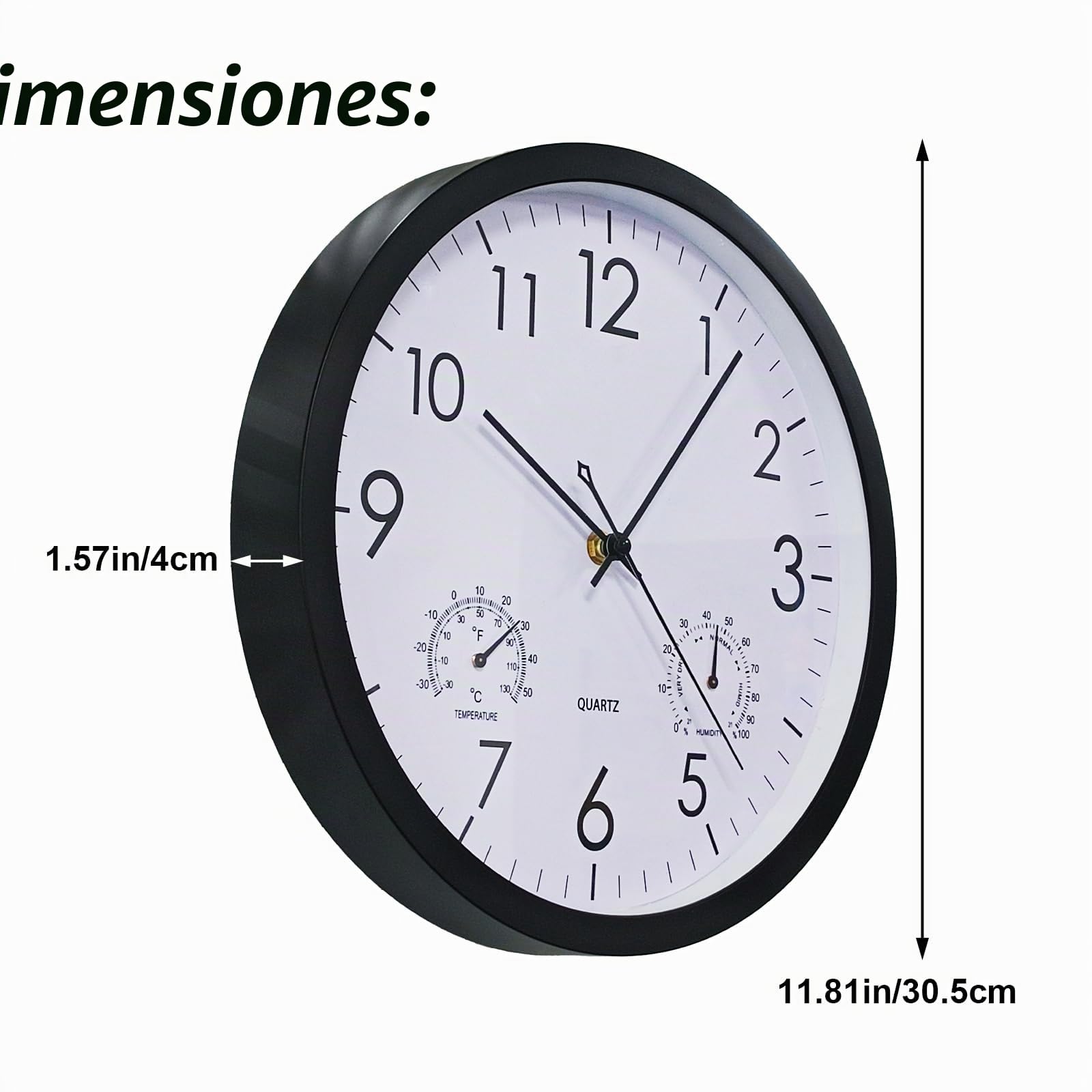 Chedin Reloj de pared redondo de cuarzo de 30 cm, sin tictac, con termómetro e higrómetro, reloj de pared para niños, dormitorio (1, negro, 12 pulgadas)