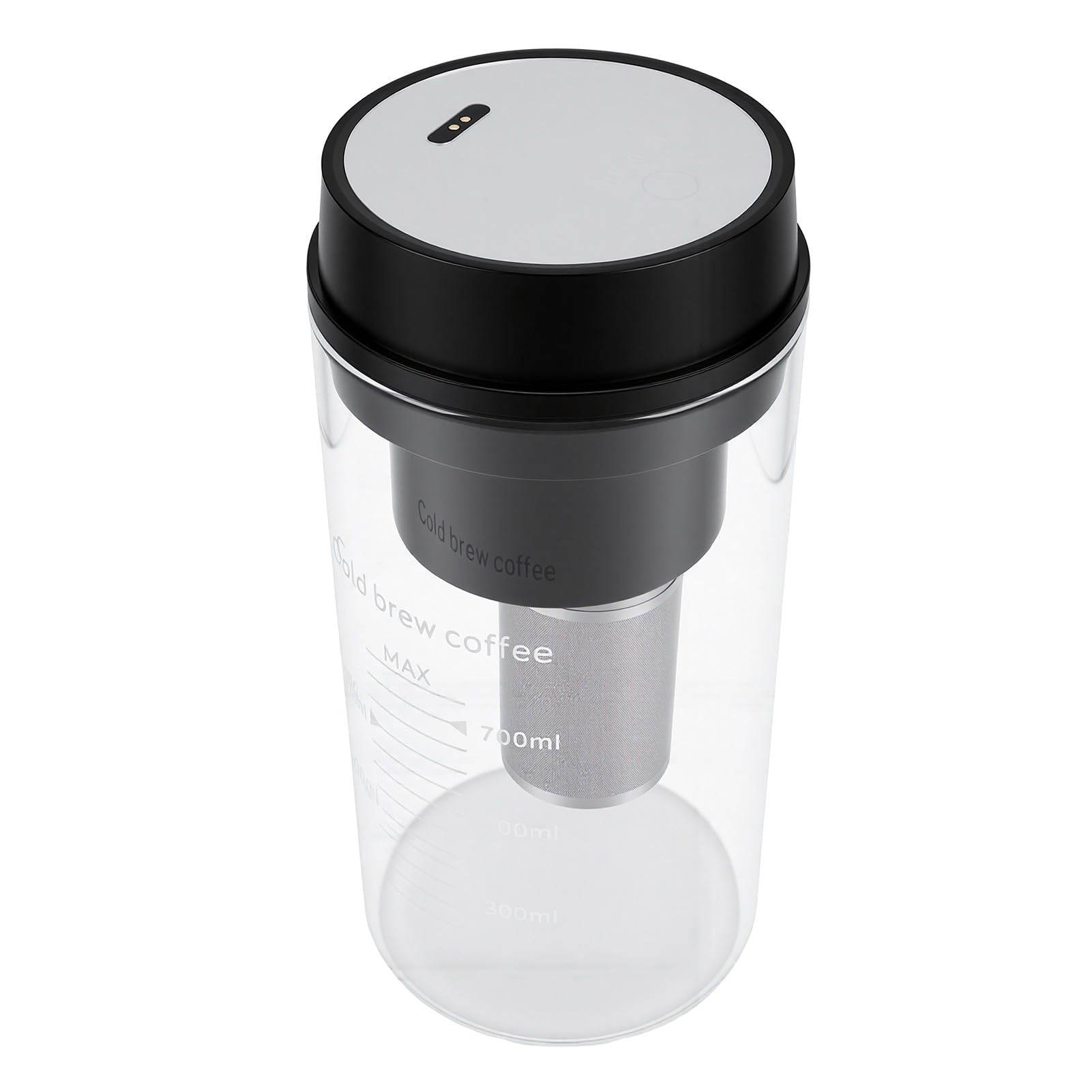 Fockety Caraffa per caffè Cold Brew, Infusore Elettrico Ricaricabile per tè, 700 Ml con Coperchio Ermetico Antigoccia e Filtro in Acciaio Inox for Casa e Ufficio (Black)