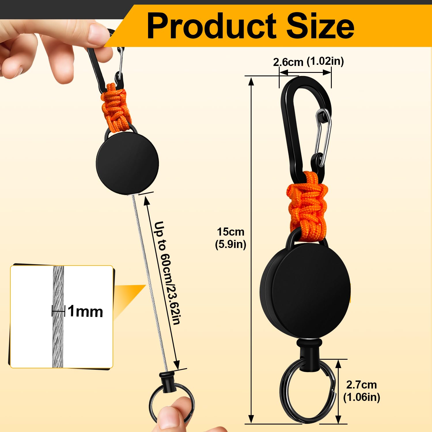 Llavero Retráctil 4 Piezas, Retractil Cable Acero 60 cm, Llavero de Mosquetón con Clip Paracord, Mosquetón de Carrete (Negro+Beige+Azul+Naranja)