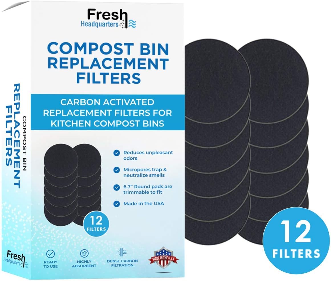 FRESH HEADQUARTERS 12 Piece Compost Bin Filters Replacement Set for Kitchen Compost Bin - 6.7 Inch Trimmable Charcoal Filter Pads Eliminate Indoor Composting Odors with Activated Carbon