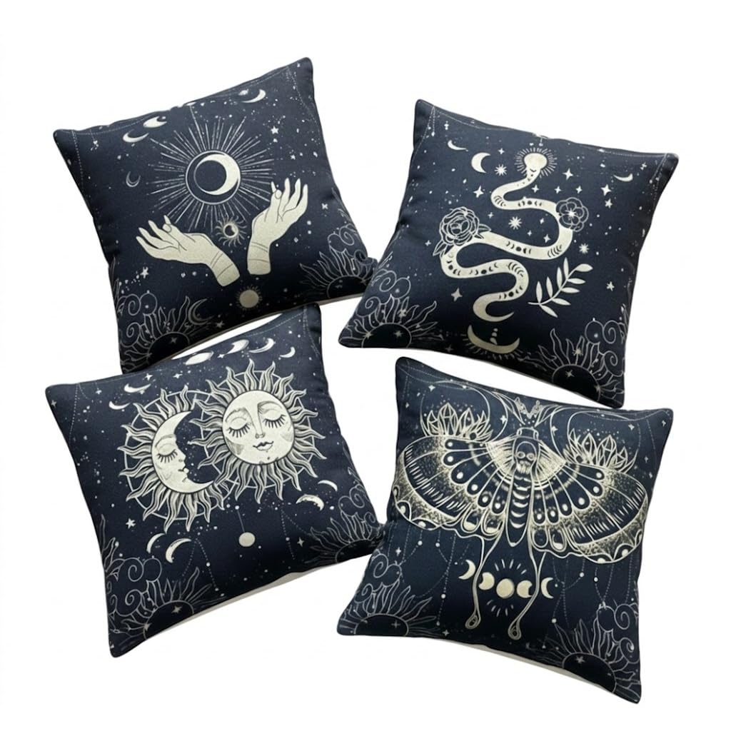 Prk 14 Black Cushion Covers 4 Pcs Halloween Art Tattoo Gothic Pillow Throws For Livingroom Bedroom Couples Sofa Horror Scary Pillowcase Set 45 X 45Cm