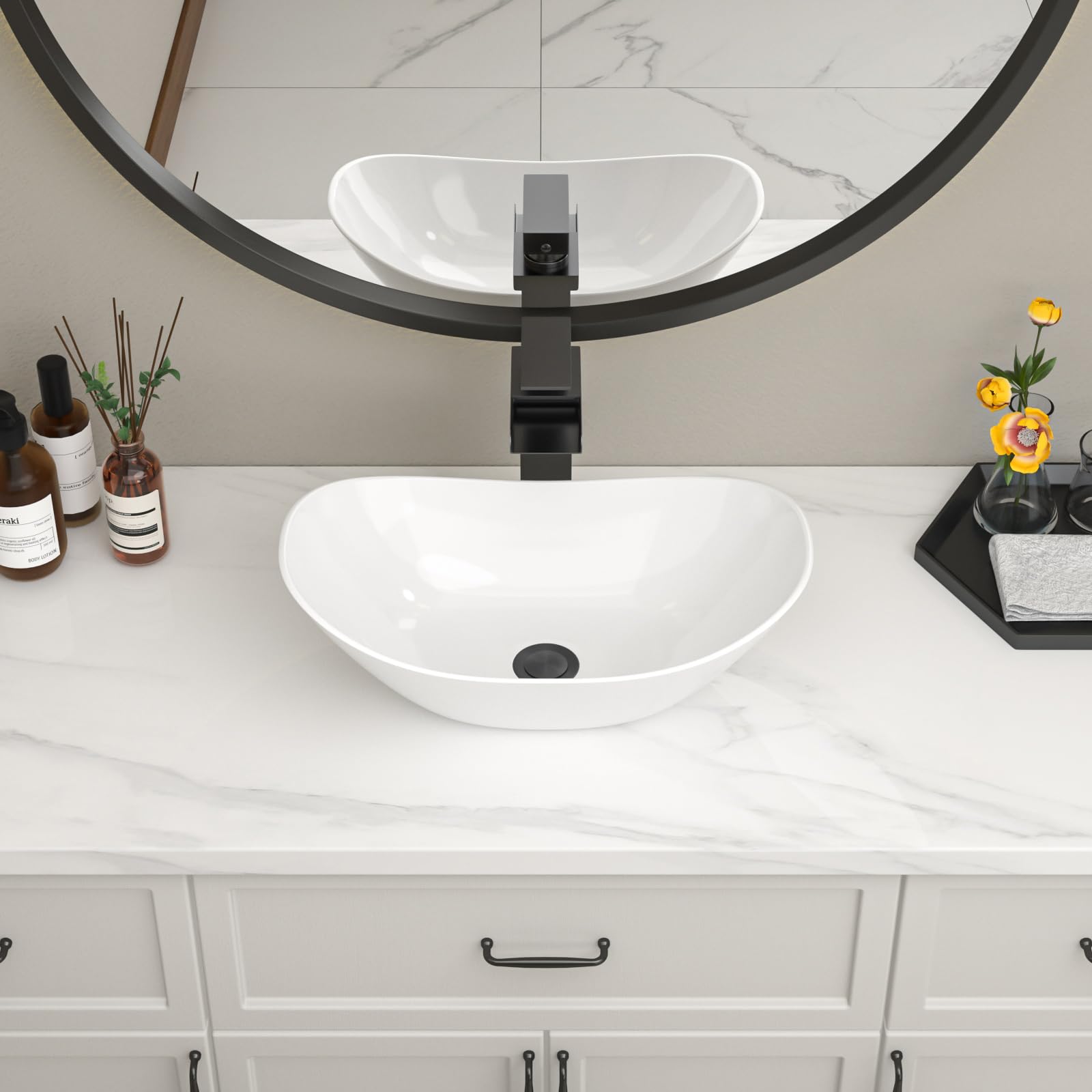 Fregadero ovalado blanco para baños, 17 x 11 pulgadas, diseño moderno de barco, lavabo artístico sobre mostrador, porcelana blanca, fregadero pequeño y profundo