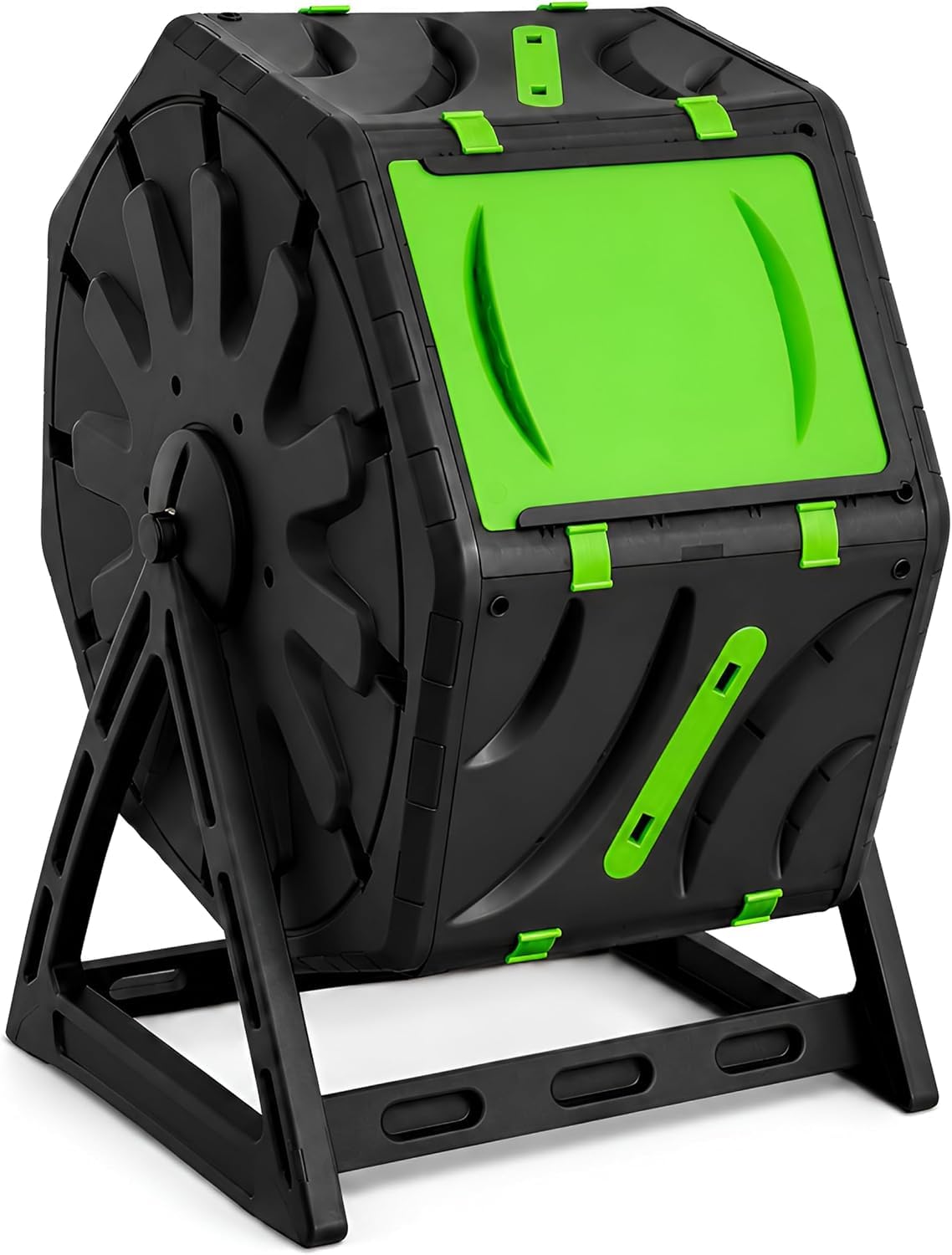 PRADICHI 70L Garden Compost Bin - Rotating Tumbling Composter with Air Vents & Heavy Duty Frame - Compact Outdoor Barrel Odour-Control Scrap Recycler for Yard, Patio & Balcony - Black/Green