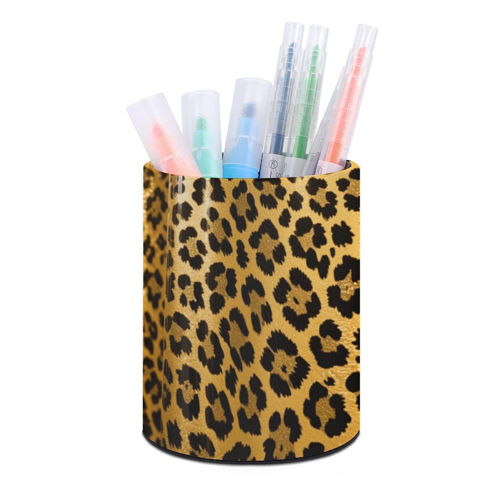 VstaDank Leopard Print Pen Holder PU Leather Pencil Cup Minimalist Desk Pencil Holder Round Make Up Brush Organizers For Office Dorm Room&Vanity Desk Accessories