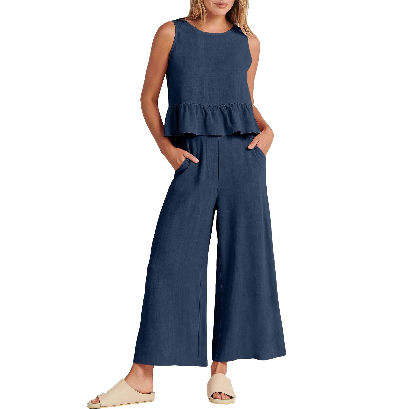 KBOPLEMQ Conjuntos de mujer 2 piezas trajes casuales algodón lino mujeres trajes vestidos elegantes verano Crop Top & Wide Leg Pants Chándales Botones Down Sets 2024 Soft Transpirable Traje Pockes