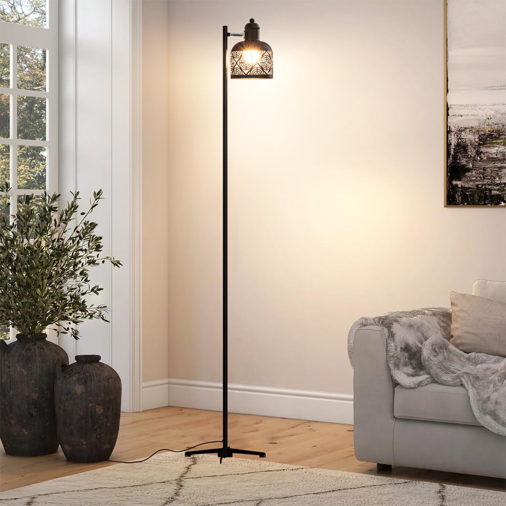 Lámpara de Pie de Hierro Negro de 58,7", 3 temperaturas de Color, ángulo Ajustable, lámpara de Poste Alto, Luces de esquina para Sala de estar Interior con interruptor táctil, casquillo E27