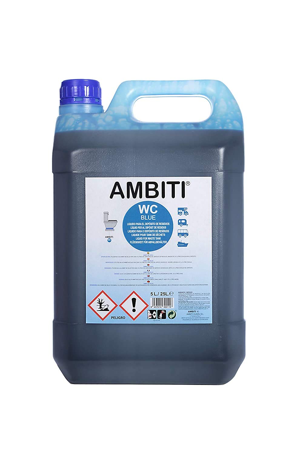Ambiti Blue 5 L. aditivo para aguas negras, depósito de residuos, Sanitary Fluid & Ambiti Rinse 5 L. Aditivo para Cisterna del WC, desinfecta la Taza del Water.