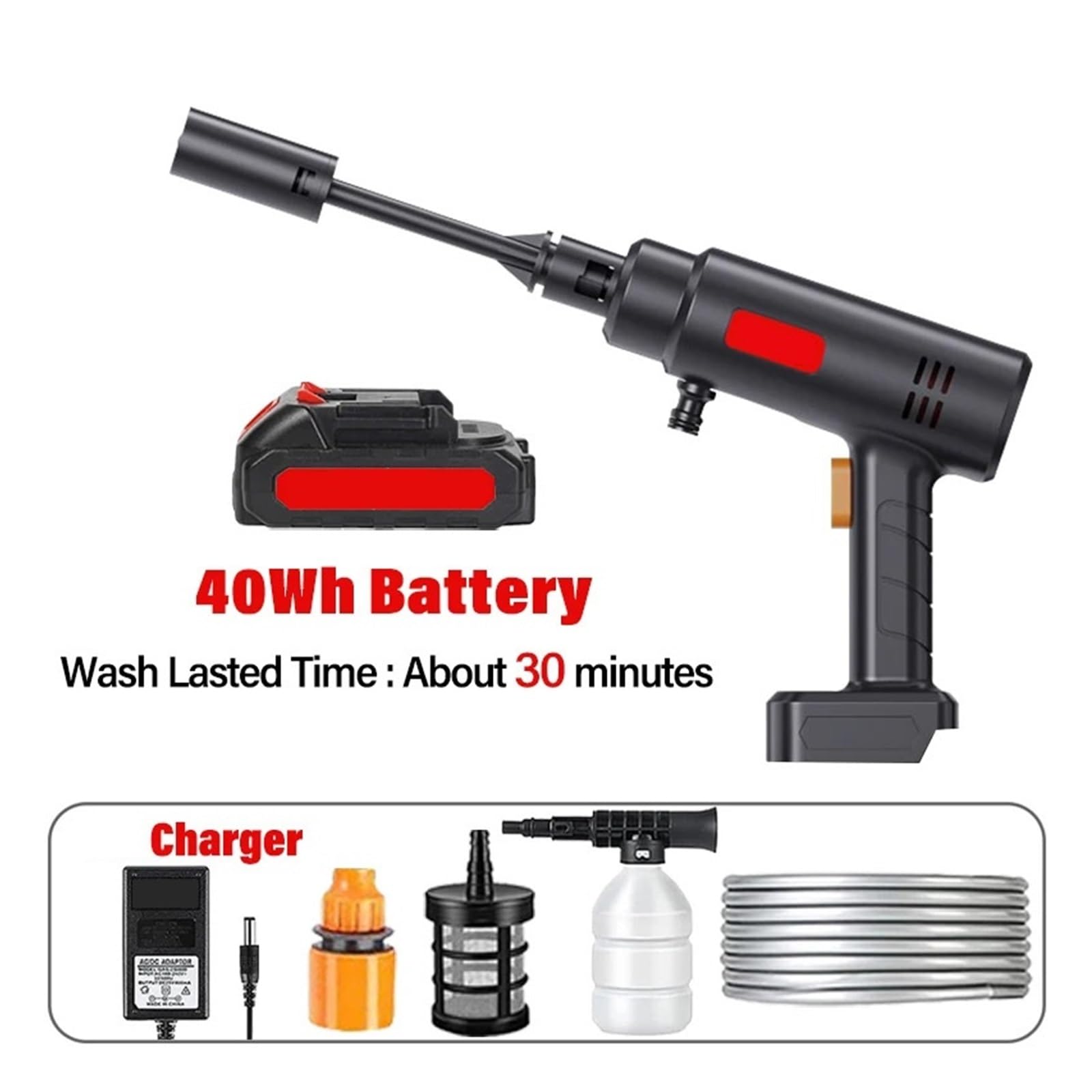 Pistolet d'arrosage avec embout multi-jets, Nettoyeur haute pression sans fil, lavage de voiture, jardin, 500W, 60bar, 40/80wh(40Wh)